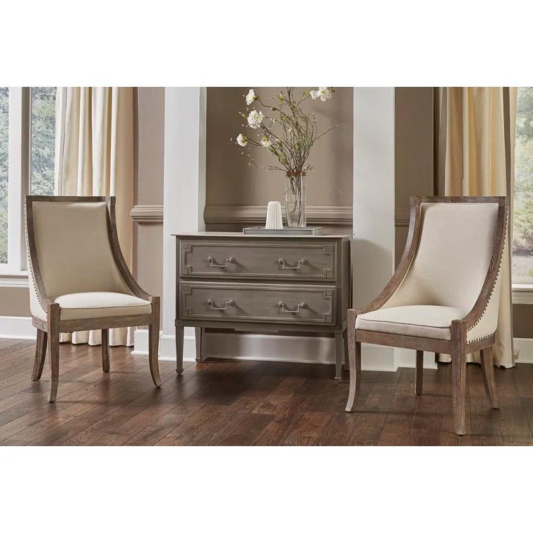 Transitional Soft Driftwood Linen Side Chair with Brass Nail Heads