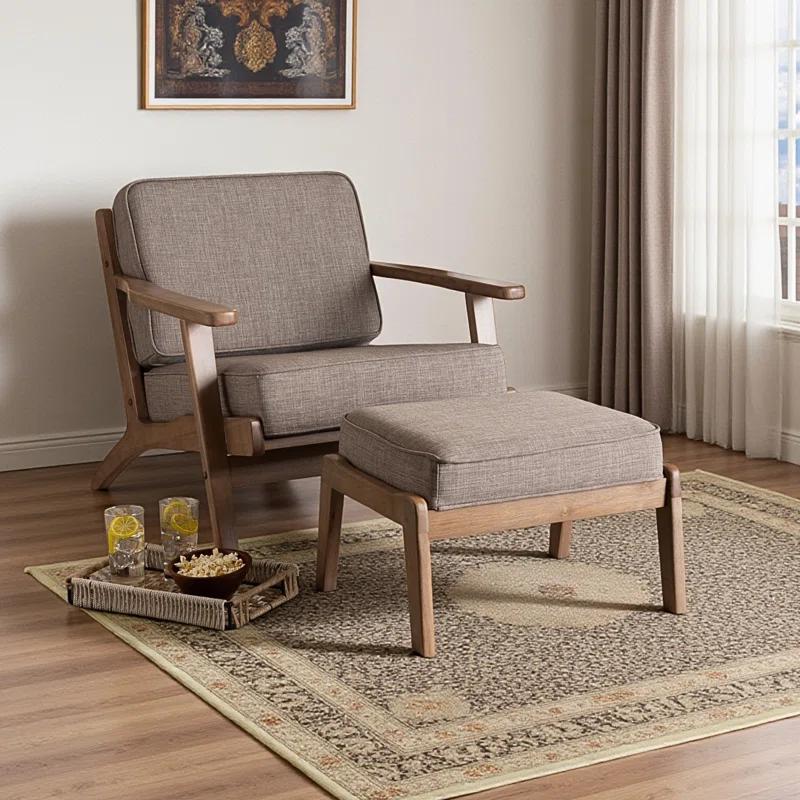 George Oliver Emsworth Mid-Century Modern 2-Piece Antique Oak Finished Armchair and Ottoman Set in Light Grey Fabric