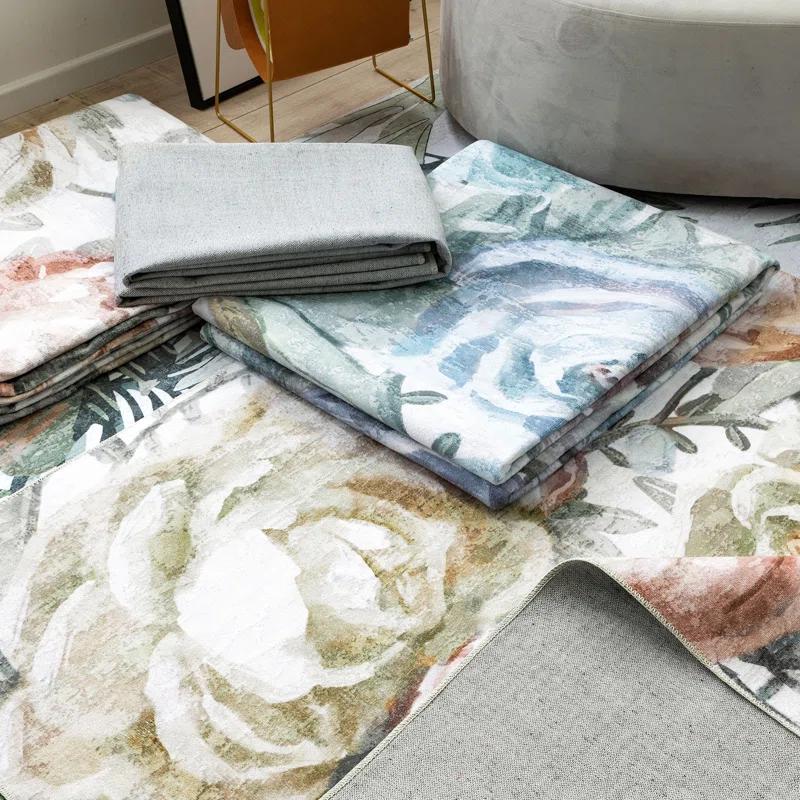 Jasmine Modern Flower Design Machine Washable Area Rug Pink/Yellow/Ivory Multi
