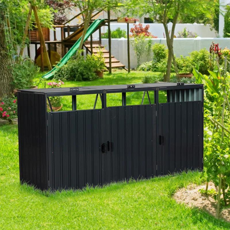 HLILish Garbage Bin Shed Stores 3 Trash Cans Metal Outdoor Bin Shed For Garbage Storage,Stainless Galvanized Steel, Bin Shed For Garden Yard Lawn