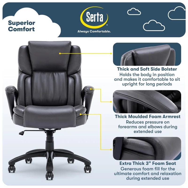 Serta Serta Garret Executive Office Chair, Ergonomic Lumbar Support, Semi-Plush Cushion, Body Pillows