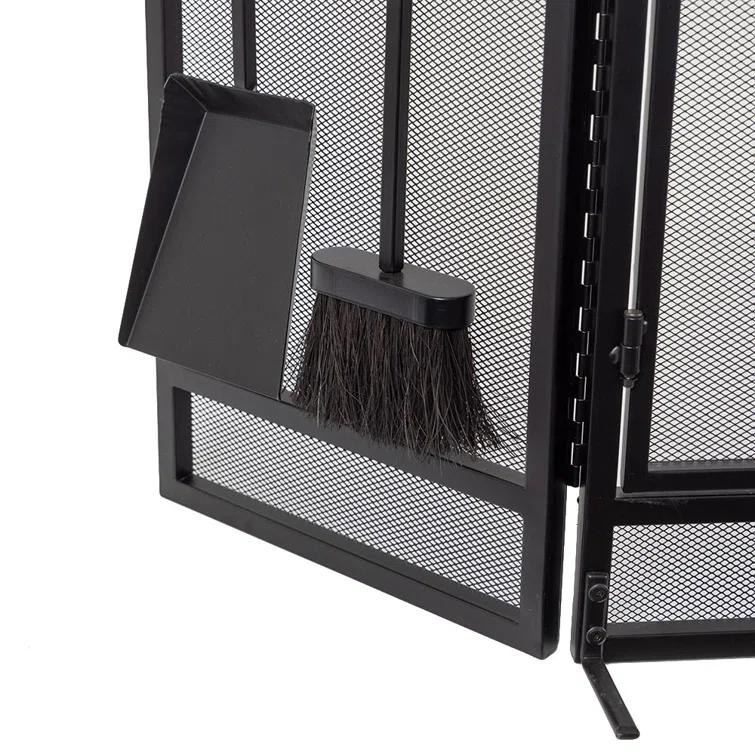 Kern River Mesh Trifold Fireplace Screen with 4 Piece Tool Set in Black