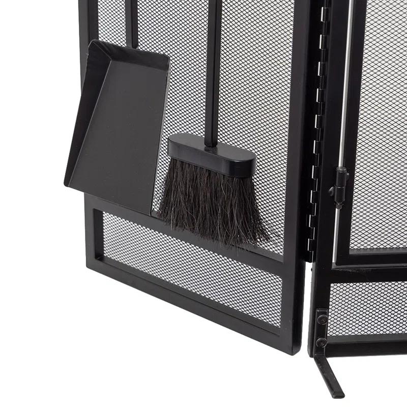 Kern River Mesh Trifold Fireplace Screen with 4 Piece Tool Set in Black