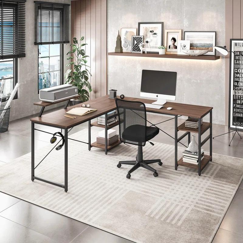 Inbox Zero Techni Mobili L-Shape Industrial Desk With Storage Shelves | Wayfair