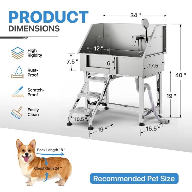 MoNiBloom 34" Pet Grooming Tub, Stainless Steel Pet Washing Station with Retractable Step, Faucet, Shower Head