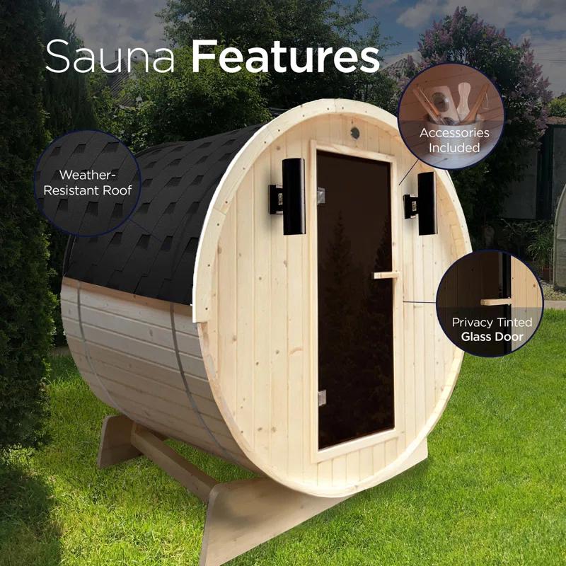 ALEKO Outdoor and Indoor White Pine Barrel Sauna - 3-4 Person - 4.5 kW UL Certified Heater - Bitumen Shingle Roofing