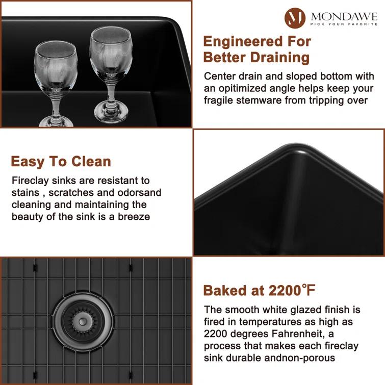 mondawe Farmhouse / Apron Single Bowl Fireclay Kitchen Sink KMSC0006-F36B