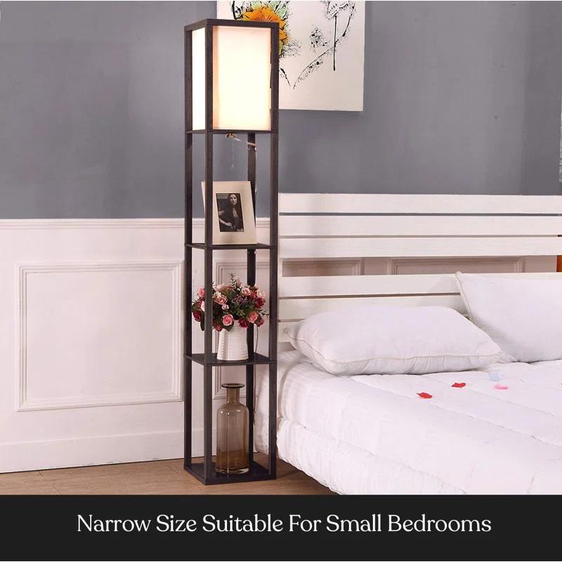 Brightech Maxwell Charger - Shelf Floor Lamp with USB Charging Ports and Electric Outlet - Tall, Narrow Tower Nightstand for Bedroom - Modern, Asian End Table with Light Attached - Black