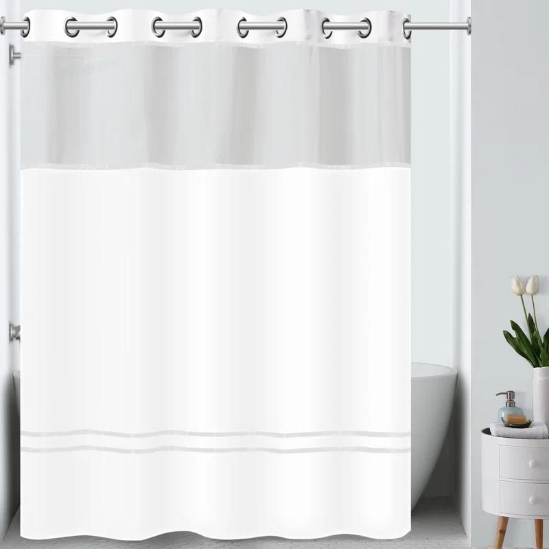 White Hookless Polyester Shower Curtain with Liner and Stripes