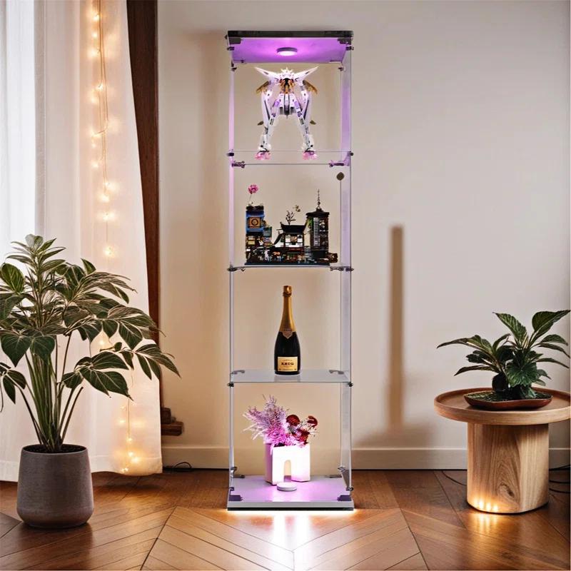 Lighted 4 Shelves Glass Display Cabinet with One Door