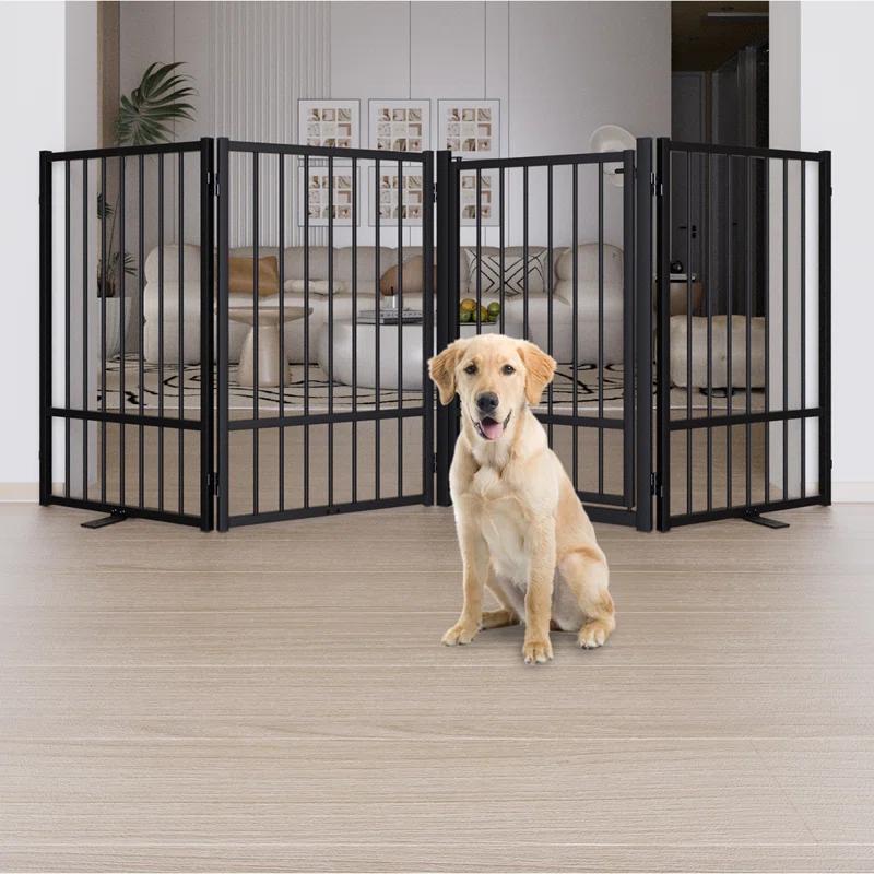 Full Matel Freestanding Dog Gate With Door, 32 Inch Height Foldable Pet Dog Fence Extra Wide Free Standing Small Dog Gates For Doorways,House,Stairs,Porch,Deck,Yard