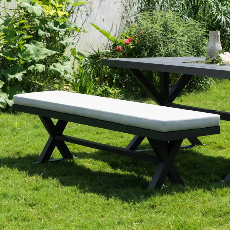 Rosalind Wheeler Outdoor Patio Bench with Cushion All Weather 63" Aluminum Benches Rectangular Dining Seating, Grey