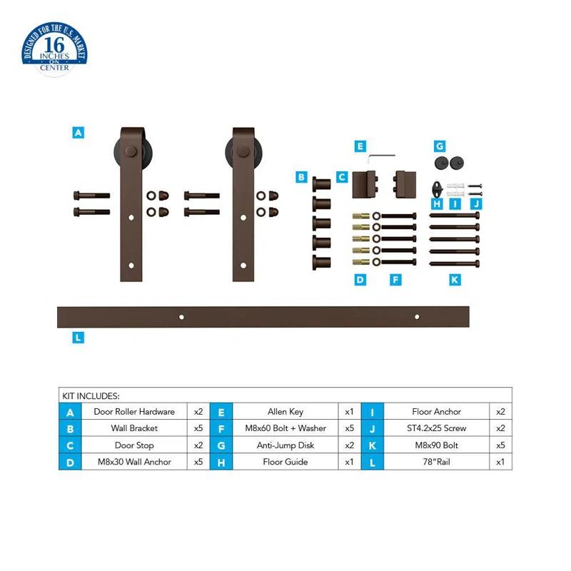 American Pro Decor Steel Sliding Rolling Barn Door Hardware Kit for Single Wood Doors with Routed Floor Guide