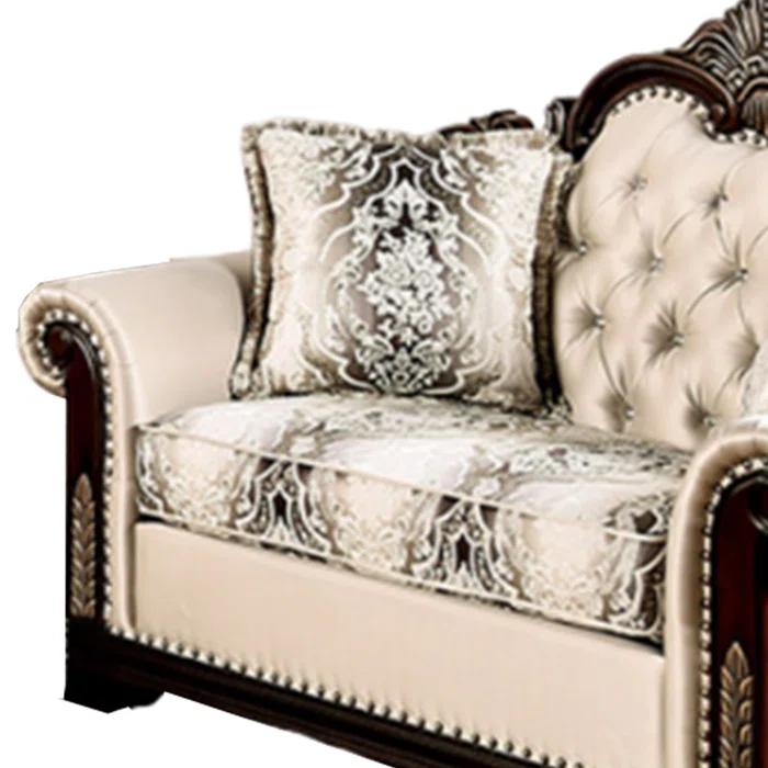 Benjara Catie 66 Inch Loveseat, Beige, Nailhead Trim, Cherry Brown Solid Wood