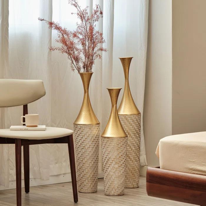 Everly Quinn Medhansh Metal Floor Vase (Set Of 3), Tall Large Flower Vase With Tapered Opening & Lattice Weave Texture, Antique Gold Finish