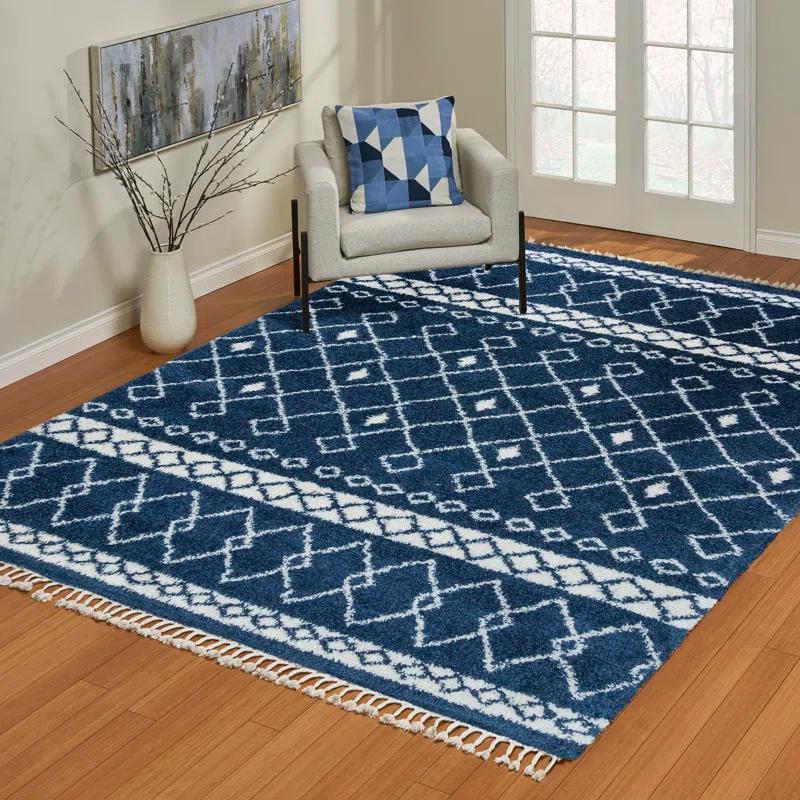 Limmet Clara Modern Moroccan Bohemian Navy Blue/Ivory Diamond Shag Area Rug