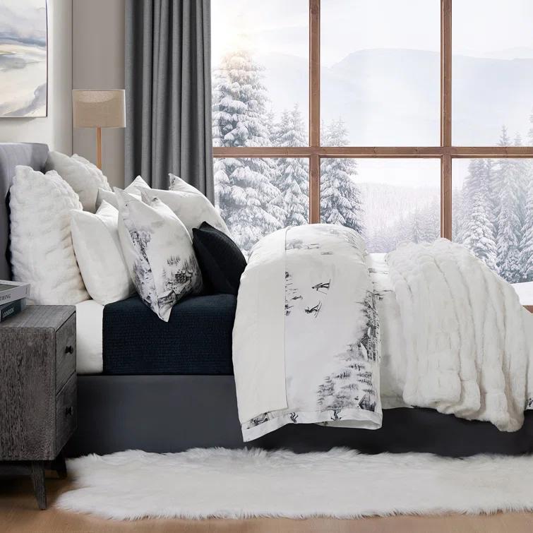 HiEnd Accents Ski Life White Gray Lyocell Ski Season Print Rustic Cabin Lodge Comforter Set