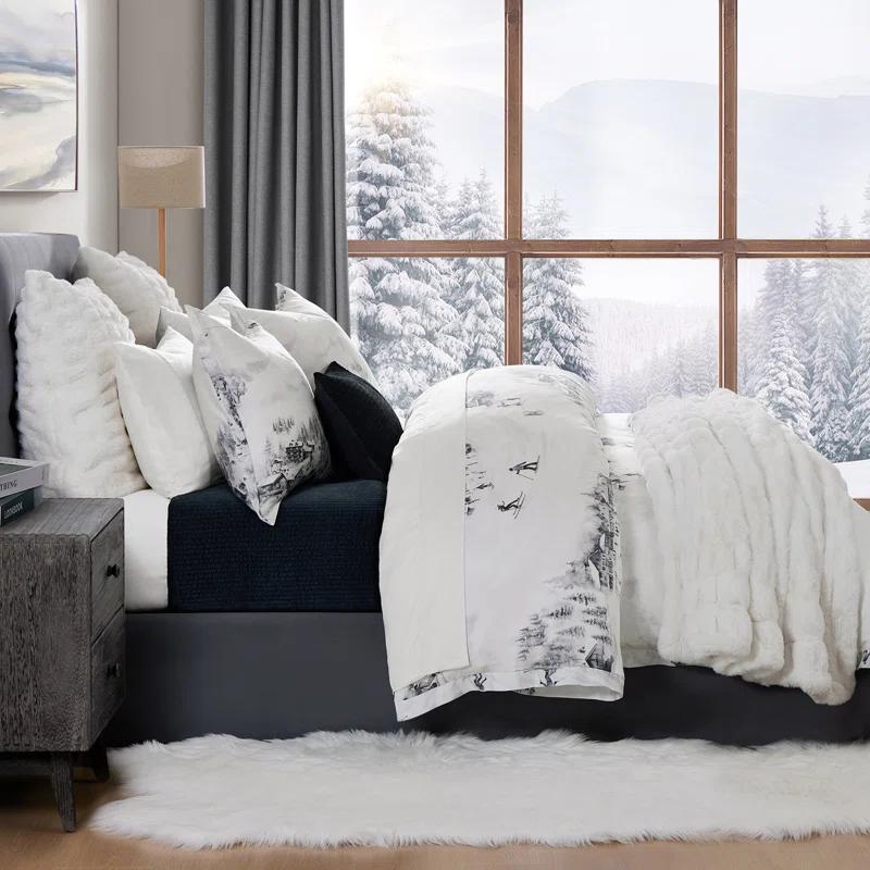 HiEnd Accents Ski Life White Gray Lyocell Ski Season Print Rustic Cabin Lodge Comforter Set