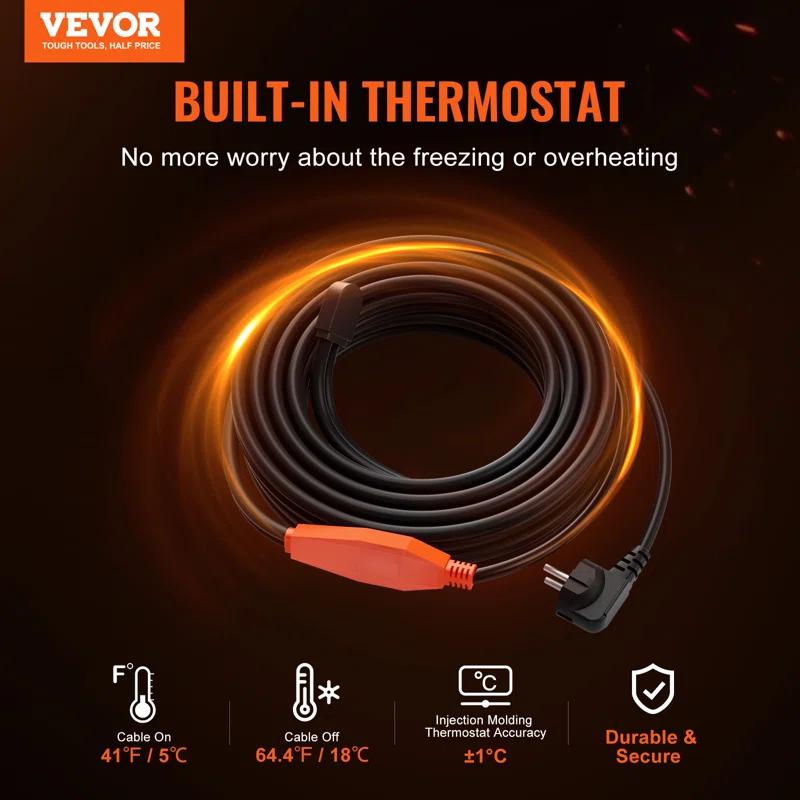 VEVOR Pipe Heating Cable 24FT 7W/FT Heat Tape for Pipes with Built-in Thermostat