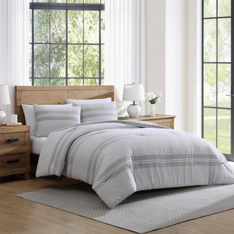 Tahari Gwen 3-Piece White/Grey Waffle Stripe Cotton Comforter Set