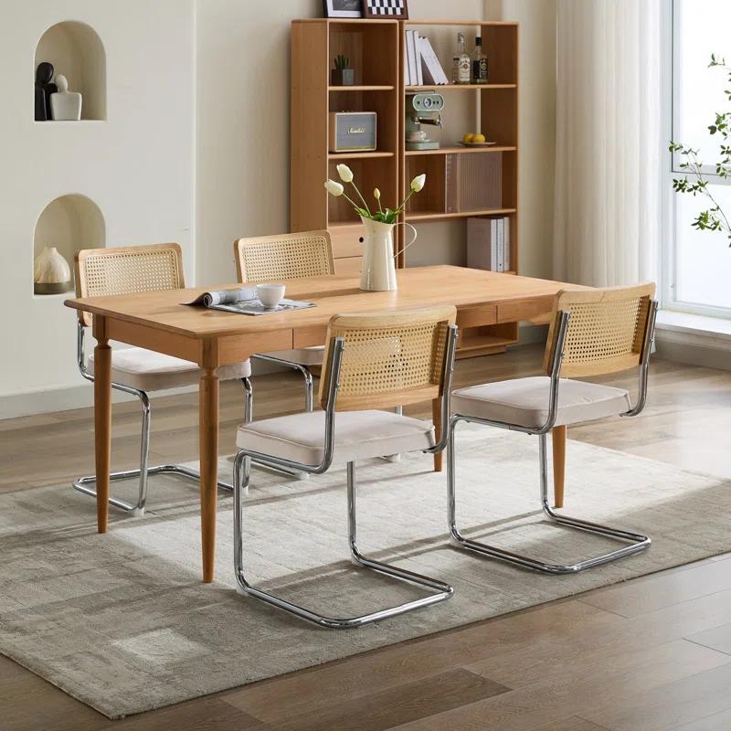 Orren Ellis Modern Dining Chairs Set Of 2, Velvet Accent Chairs With Natural Cane Back & Stainless Chrome Base, Famous Breuer Designed Chairs, Upholstered Rattan Kitchen Chairs