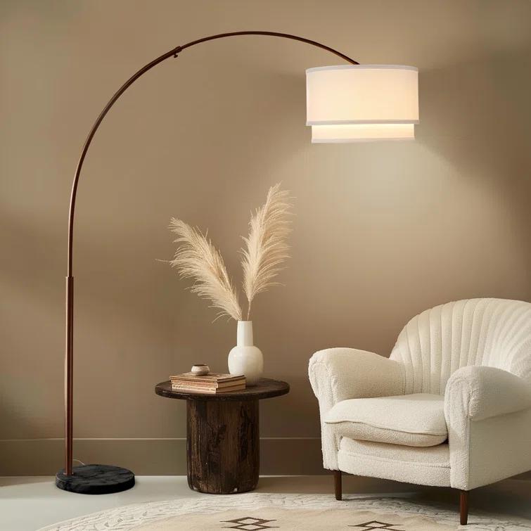 Mason 81 in. Modern Adjustable LED Arched Standing Floor Lamp with Fabric Drum Shade and Weighted Marble Base