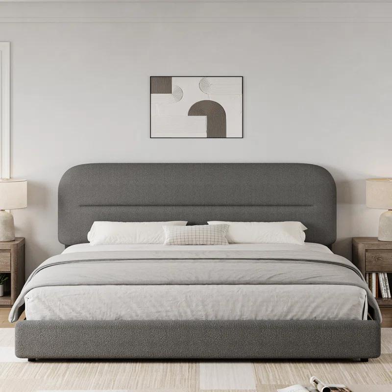 Mercer41 Manfred Boucle Upholstered Cloud Bed Frame with Rounded Corners Headboard, Soft Platform Bed Frame with Thickened Footboard