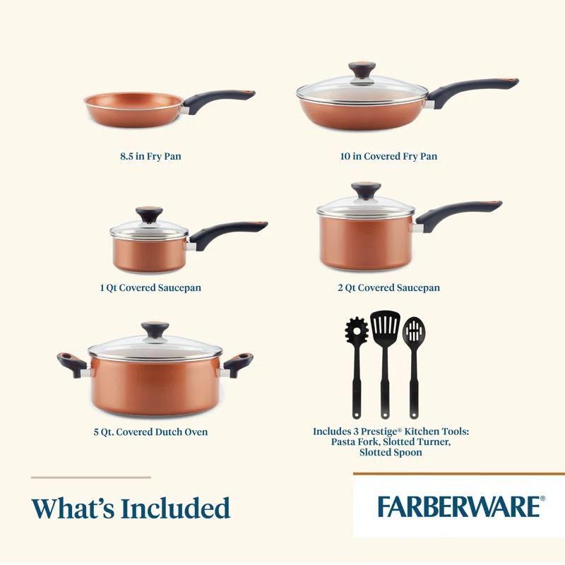 Farberware Glide Copper Ceramic Nonstick Cookware / Pots And Pans Set With Tools, 12 Piece, Black