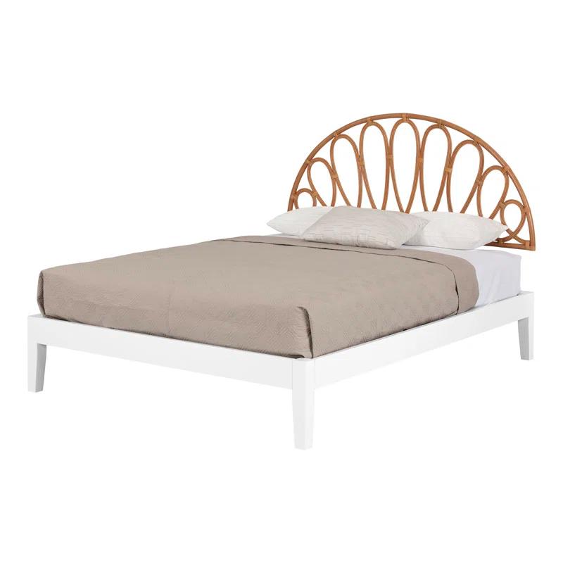 South Shore Hoya Queen Wooden Bed And Rattan Wall-Mounted Flower Petals Headboard Set
