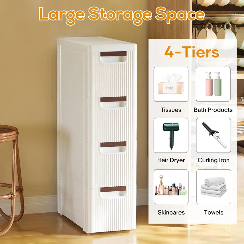 Rebrilliant Slim Plastic Rolling Storage Cabinet With 4 Drawers For Bathroom, Kitchen, Laundry - White