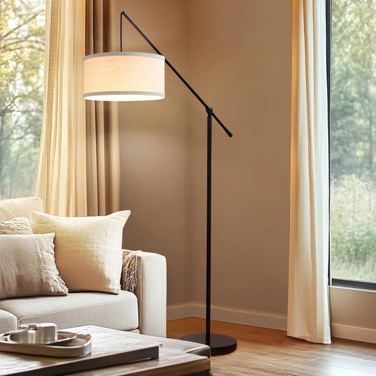 Brightech Hudson 70 in. Modern Height Adjustable LED Floor Lamp with Beige Fabric Drum Shade
