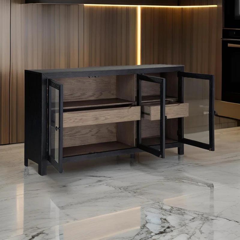 Benjara Liam Sideboard Accent Cabinet, 3 Glass Door