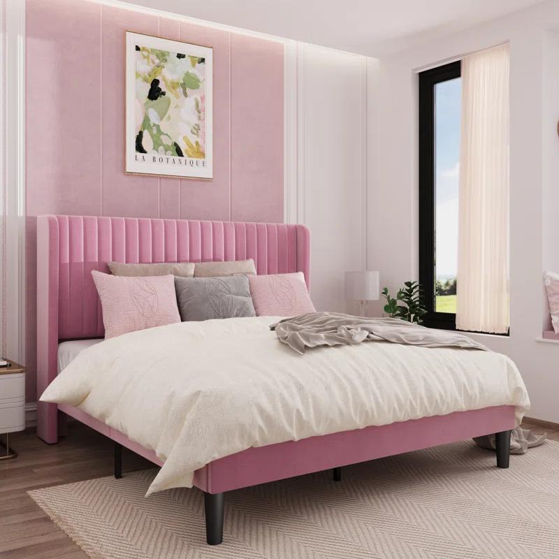 Candler Velvet Upholstered Platform Bed with Wingback Headboard and Wooden Slats
