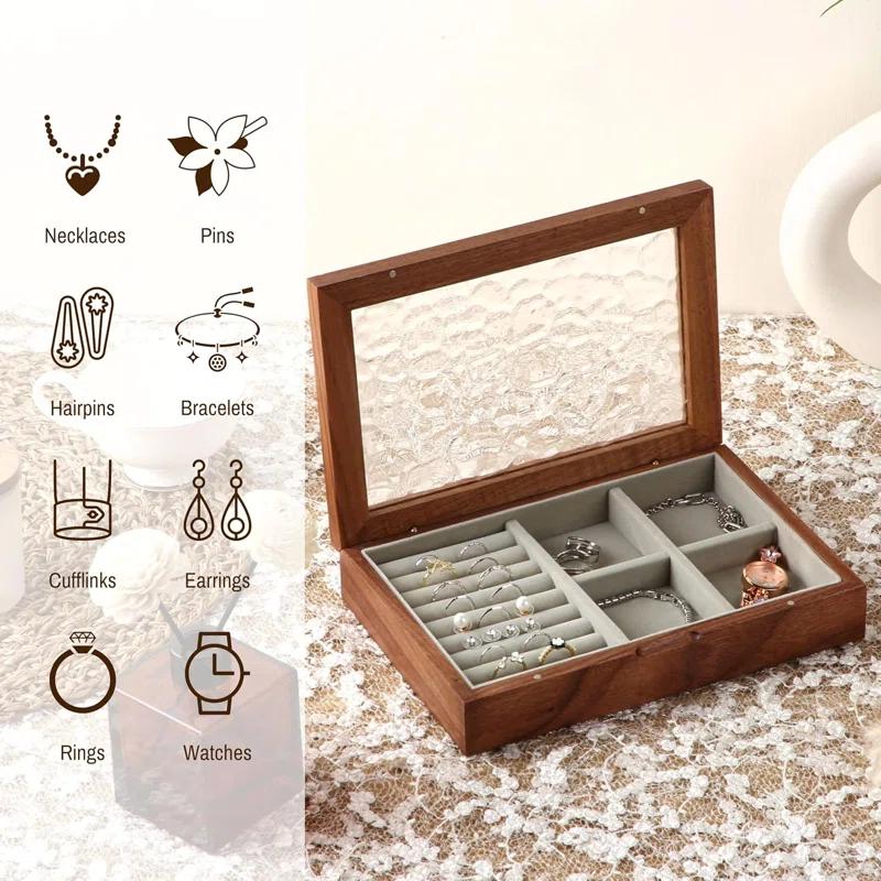 Wooden Jewelry Box, Medium Size Natural Solid Walnut Wood Girls Vintage Trinket Organizer With Large Storage,Walnut