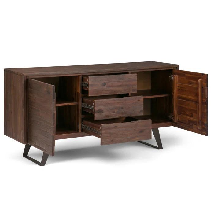 Simpli Home Lowry 60"W Solid Wood Modern Industrial 2-Door Sideboard Buffet with 3 Center Drawers