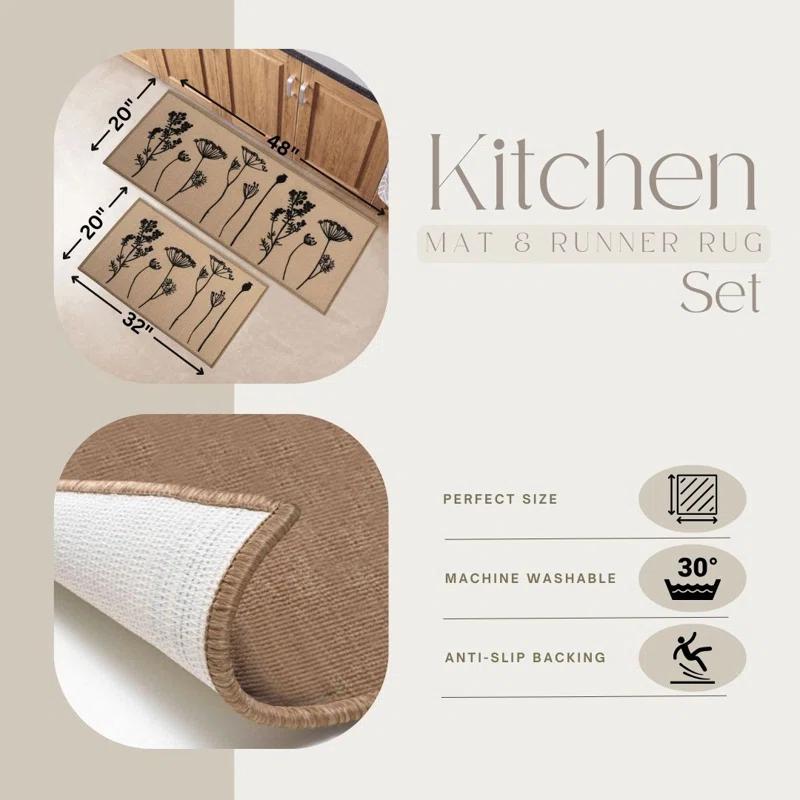 Evideco Wildflowers Non Skid Kitchen Mats Runner & Comfort Mat (2 Pieces) (Set of 2)