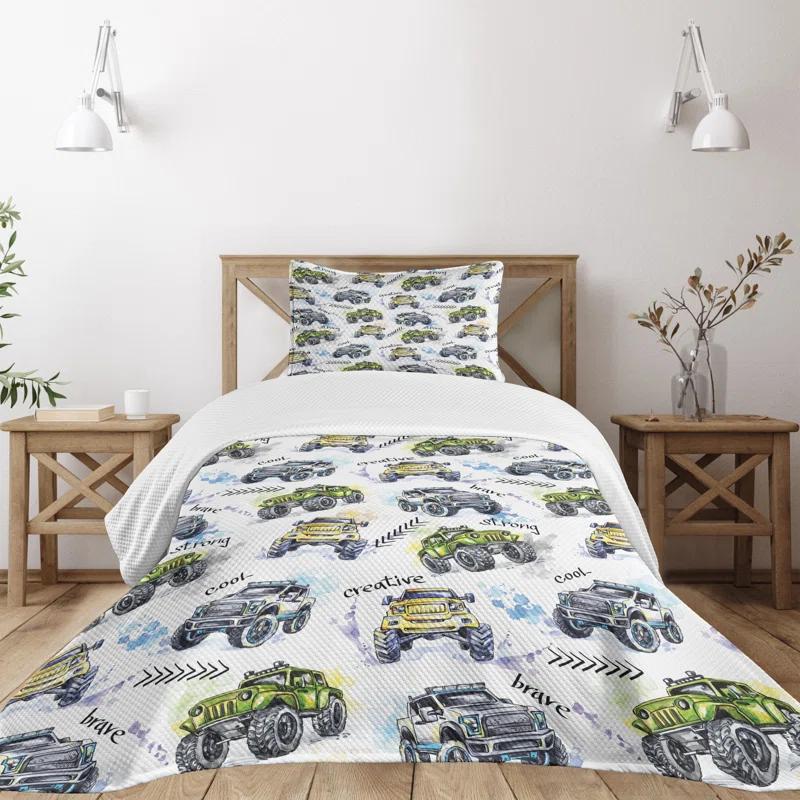 Ambesonne Ambesonne Cars Bedspread Set Hand Drawn Monster Truck Yellow Lavender Blue