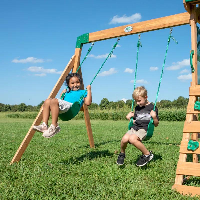 Backyard Discovery Buckley Hill Cedar Wood Swing Set with Wave Slide, Play Deck, Rock Wall Ladder, and Chalkboard & Reviews | Wayfair