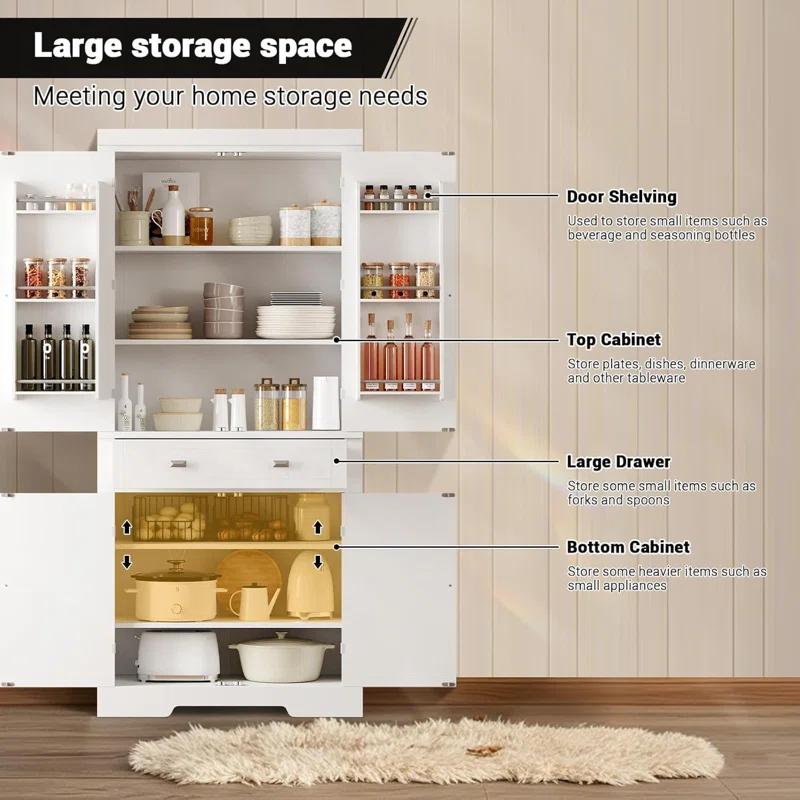 Lark Manor™ 72" Tall Kitchen Pantry Storage Cabinet, Freestanding High Wooden Cupboard With 4 Doors And 1 Drawer, 2 Adjustable Shelves And 6 Door Shelves