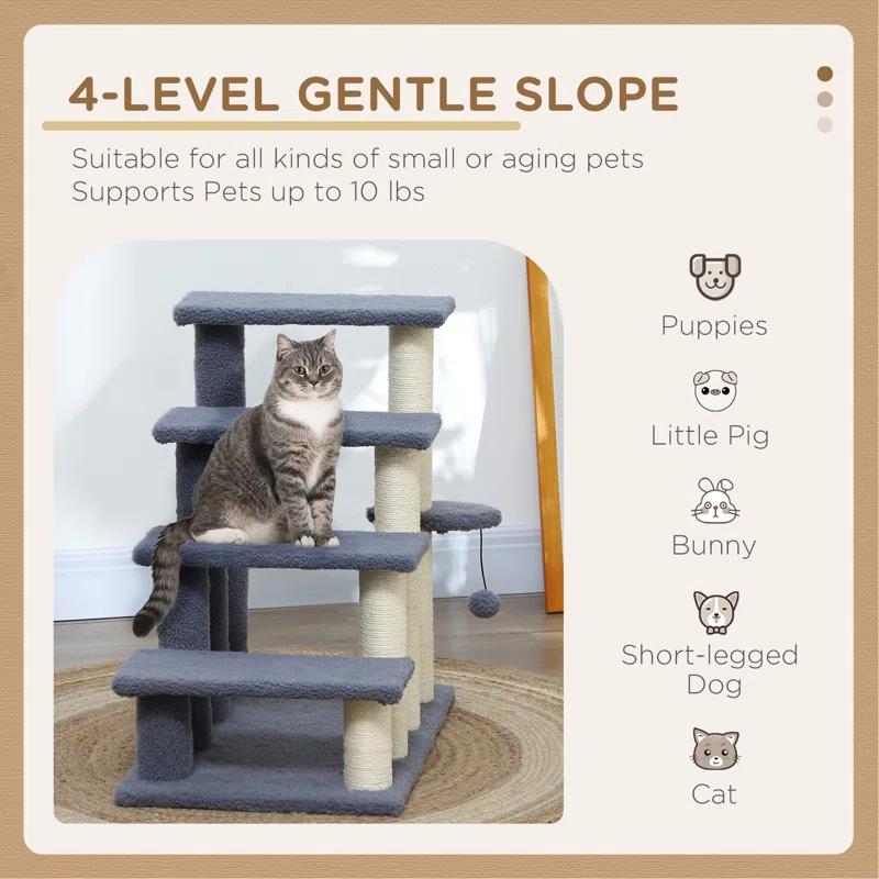 4 Levels Cat Steps, Pet Stairs Carpeted Ladder, Kitten Tree Climber With Scratching Posts, Hanging Play Ball, Side Step, For High Bed, Sofa, Gray