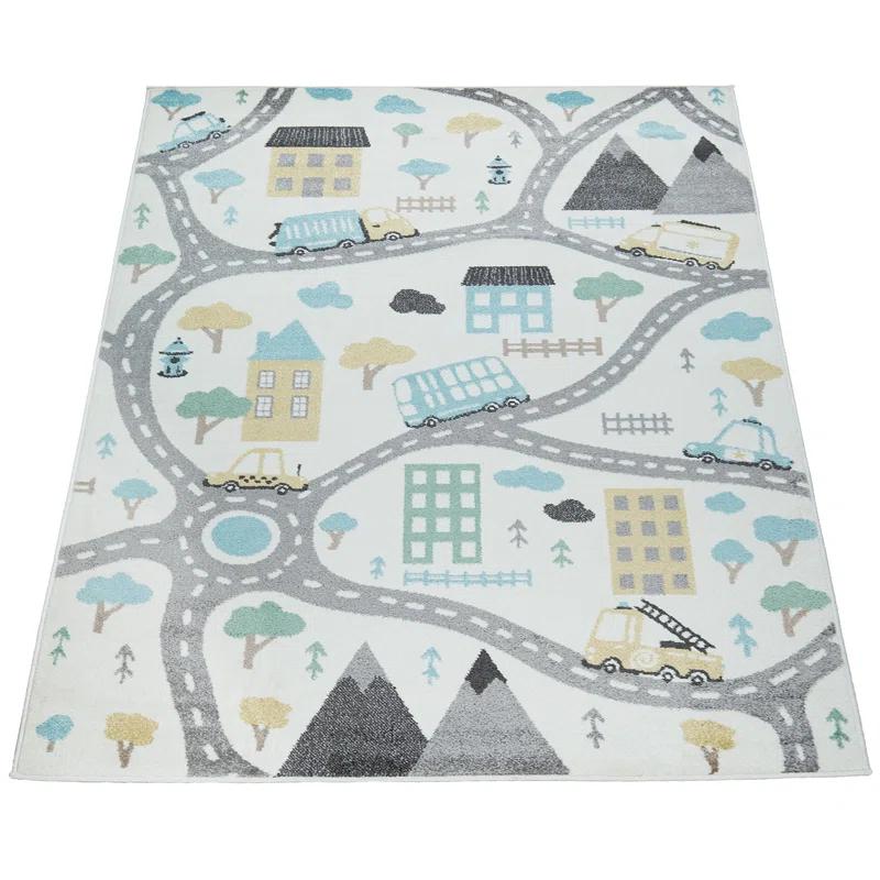 Paco Home Nursery Rug With Streets Cars And Trees Motif In Pastel Colors
