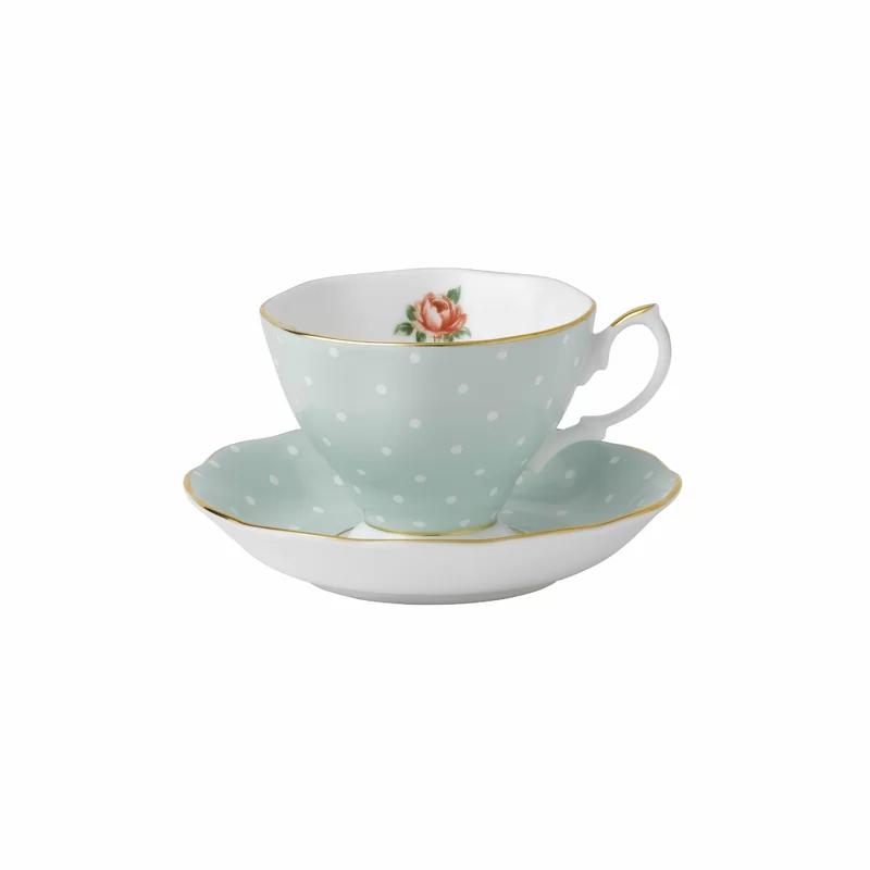 Polka Rose Floral Porcelain Teacup and Saucer Set