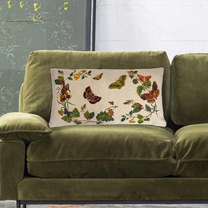 Creative Co-Op Cotton Lumbar Pillow with Butterflies, Flowers, Embroidery, and Piping