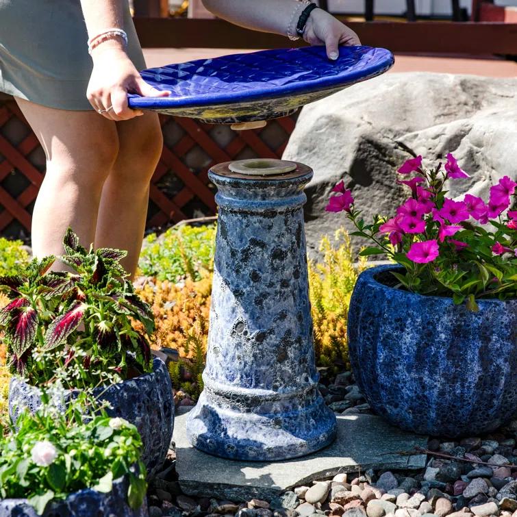 Red Barrel Studio® Trenasia Freestanding Ceramic Outdoor Bird Bath with UV-Resistant Blue Lava Finish