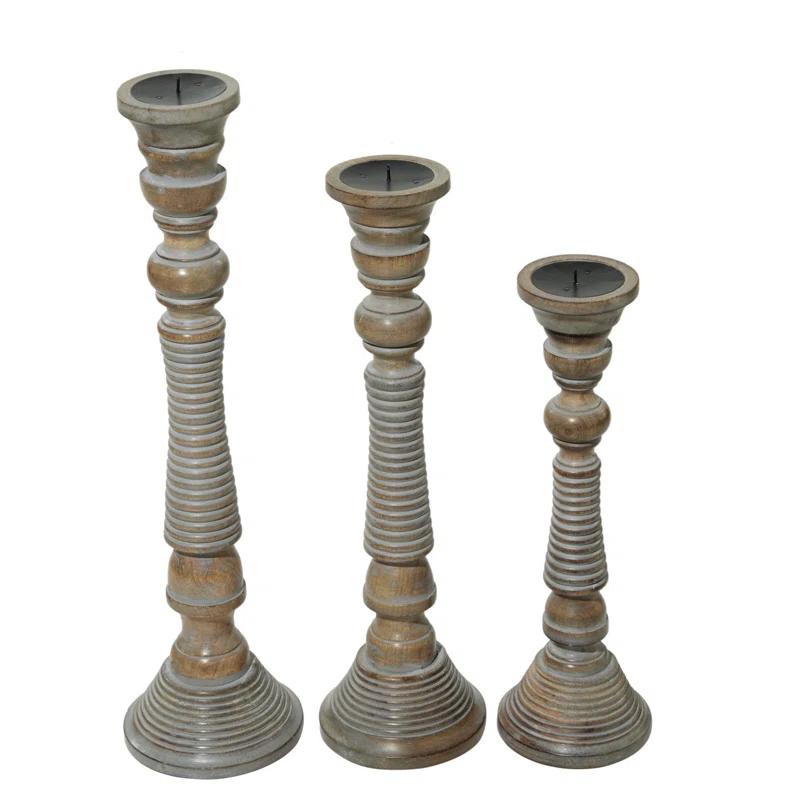Mango Wood Handmade Decorative Light Gray Candle Holder Set (Set of 3)
