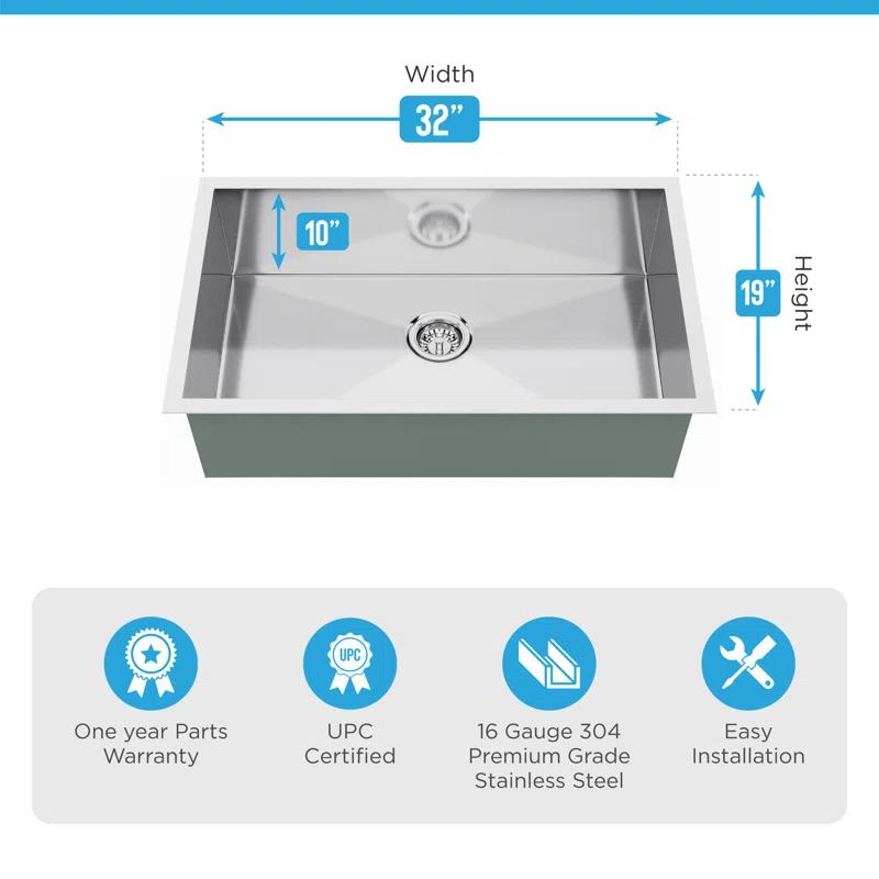 Blue Ocean 32" L x 19" W Single BowlStainless Steel Undermount Kitchen Sink