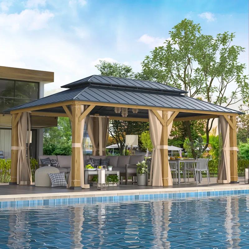 EROMMY 12' X 20' Outdoor Spruce Hardtop Gazebo For Patios, Spruce Framed Gazebo With Double Roof, Solid Wooden Framed Gazebo With Privacy Curtains For Patio Lawn, Garden, Backyard