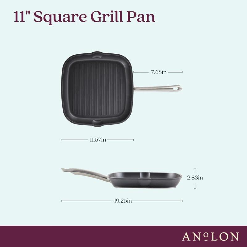Anolon Accolade Forged Hard Anodized Nonstick Induction Square Stovetop Grill / Griddle Pan, 11 Inch, Moonstone