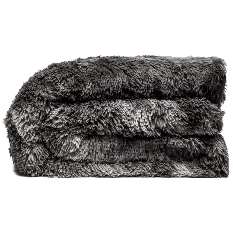 Chanasya Wolf Faux Long Fur Throw Blanket - Soft, Fuzzy Throw Blanket - 50" x 65” - Dark Gray