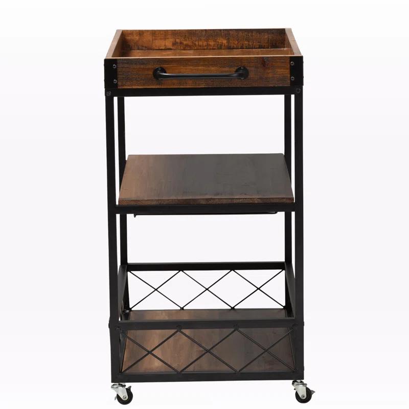 Livi Homes Paloma Mobile Metal Bar Cart with Stemware Rack in Vintage Rustic Industrial Oak Brown and Black